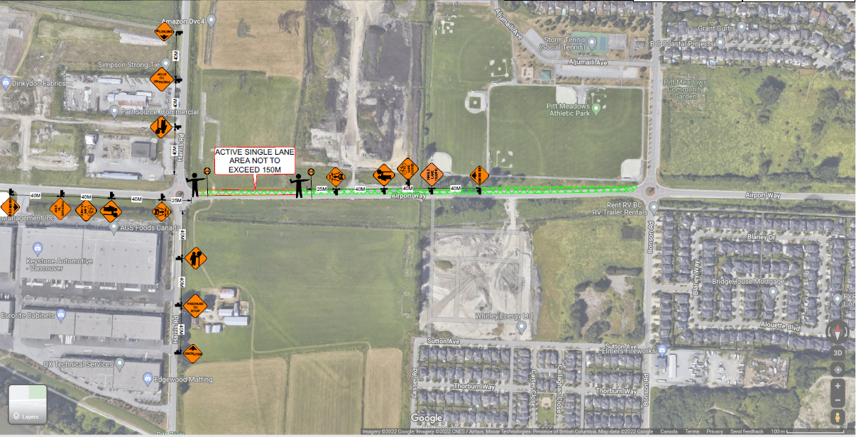 Map of Airport Way between Harris Road and Bonson Road