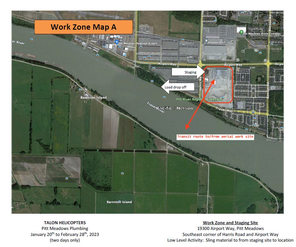 Aerial map of Fraser River showing a flight path between Barnston Island to a property on the corner of Harris Road and Fraser Way