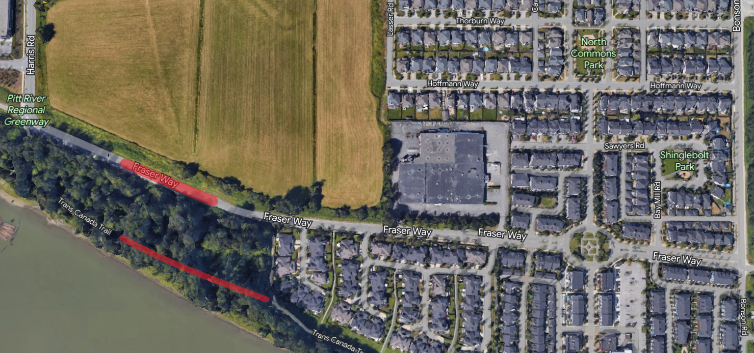 Aerial map showing a red line along Fraser Way and a red line along Trans Canada Trail indicating closures