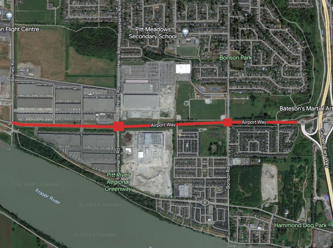 Map if Airport way, outlining the section between Baynes Road and Golden Ears Way