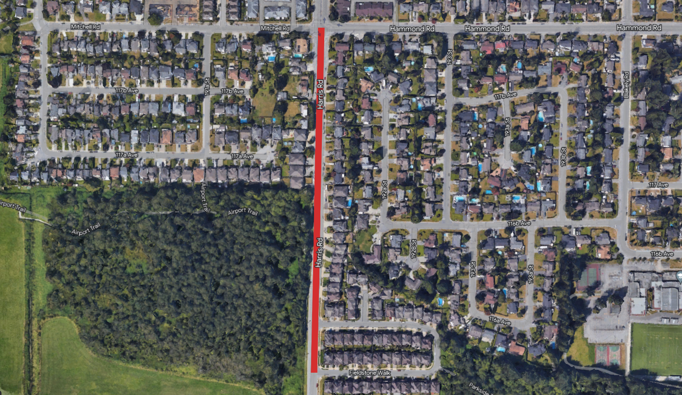 Map of Harris Road with a red line indicating the stretch between Hammond Road and Fieldstone Walk
