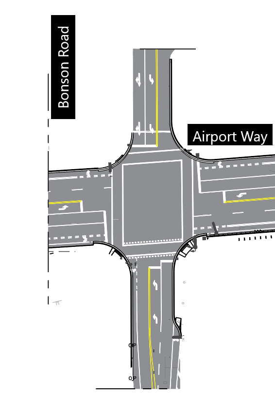 Overhead illustrative map of the intersection of Bonson Road and Airport Way