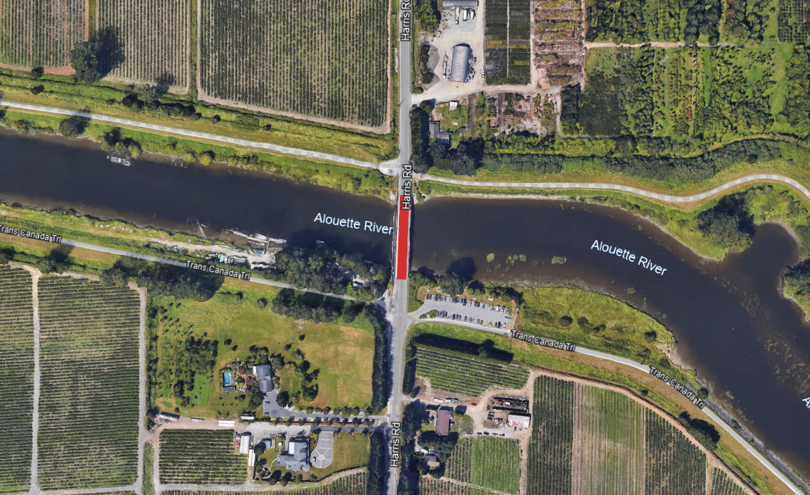 Map indicating the Harris Road Bridge over Alouette River