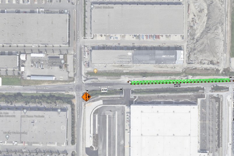 Aerial map of Airport Way and Harris Road intersection with closure outlined in green