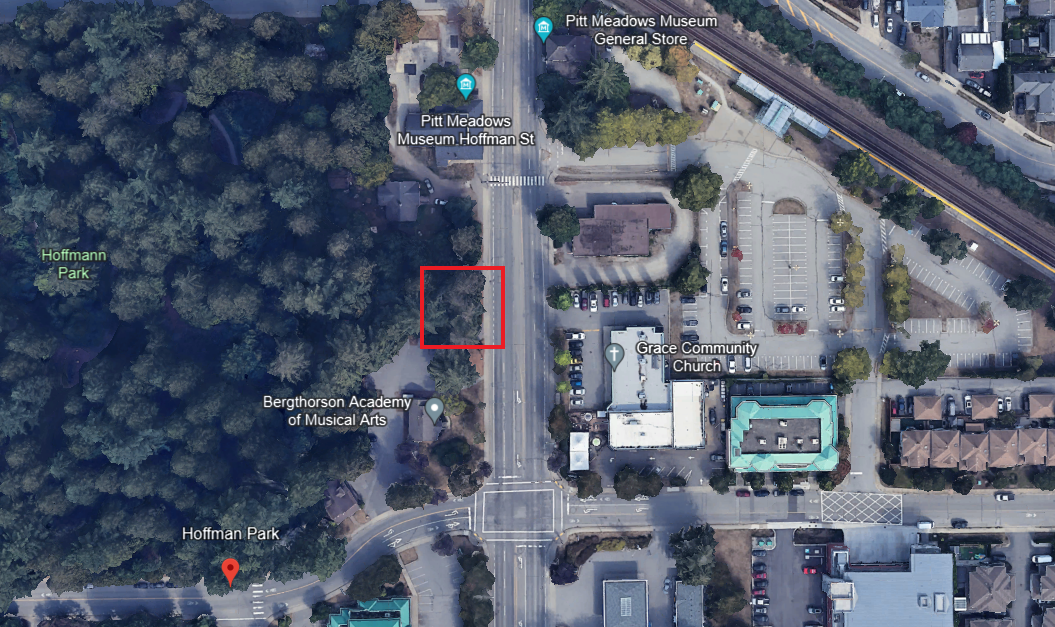 Map of Harris Road adjacent to Hoffman Park, with a red square indicating a small portion of the road will have a lane closure for tree removal