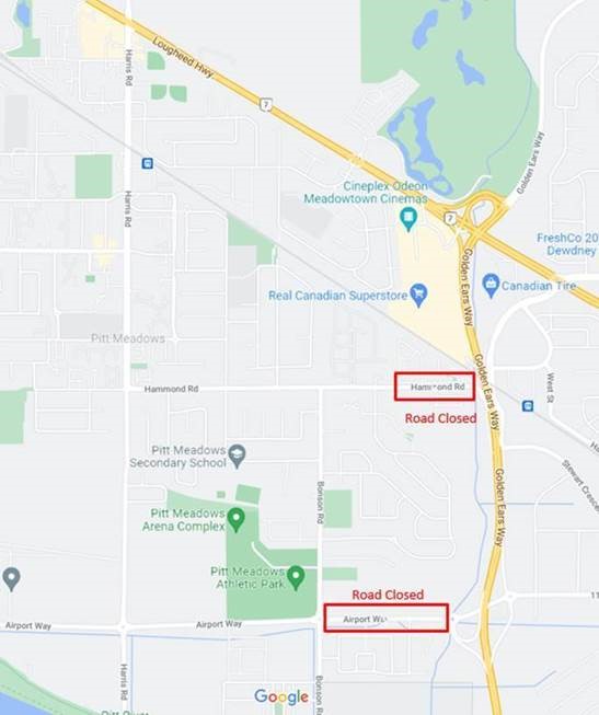 Map indicating a closure of Hammond and Airport Way