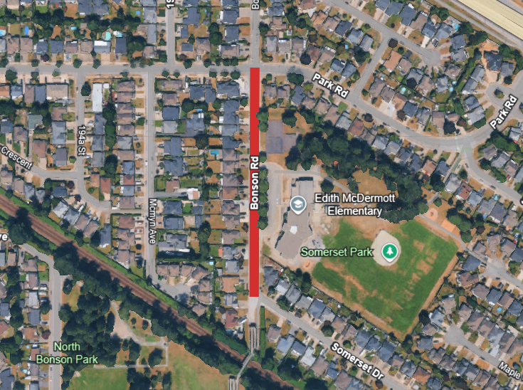 Map indicating the stretch of Bonson Road between Park Rd and Somerset Dr
