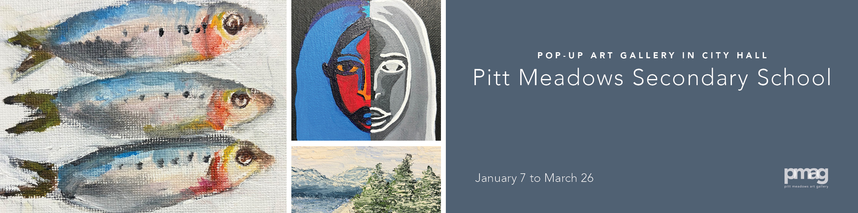 Pop-Up Gallery in City Hall page banners with images of student paintings