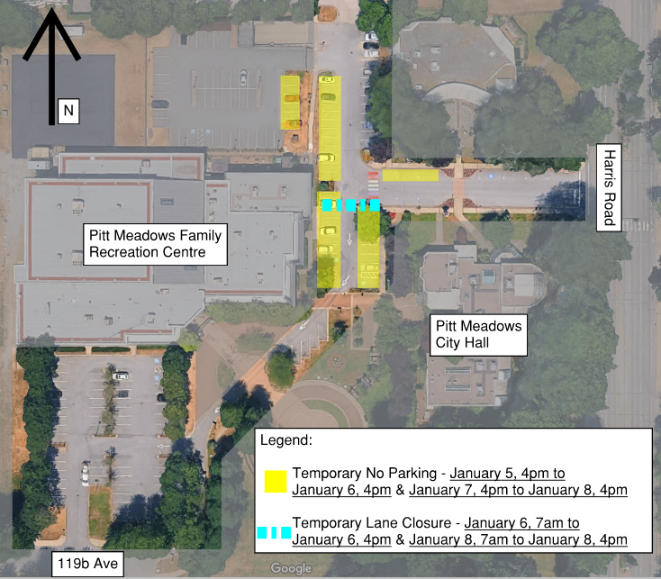 Aerial map view indicating parking outside of the Pitt Meadows Community Policing Office as well as the drive-through lane in front of the Pitt Meadows Family Recreation Centre where closures will occur.