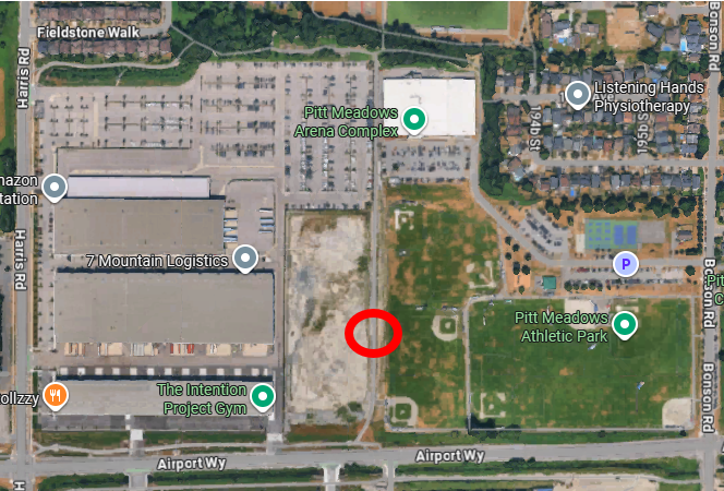 birds eye map view of multi-use path near the amenity lands by Pitt Meadows Arena