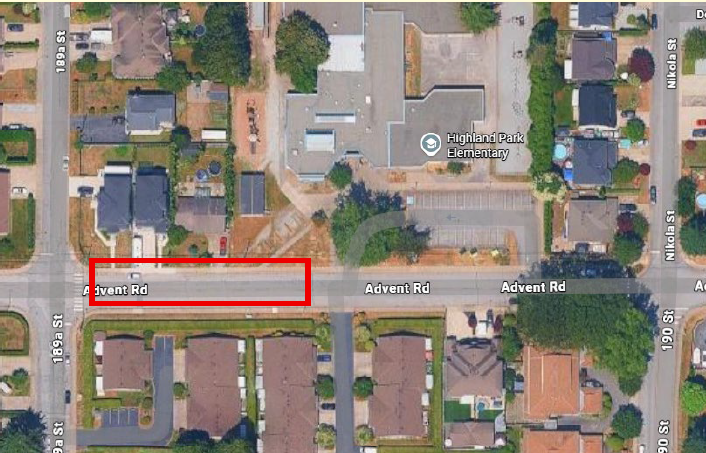 map of Advent Road with red box around the section of road bordering 18929 Advent Road