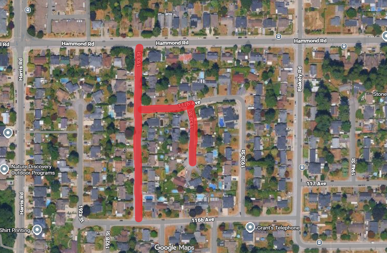 Birds eye view map indicating 193 St, 117b Ave, and 193a St