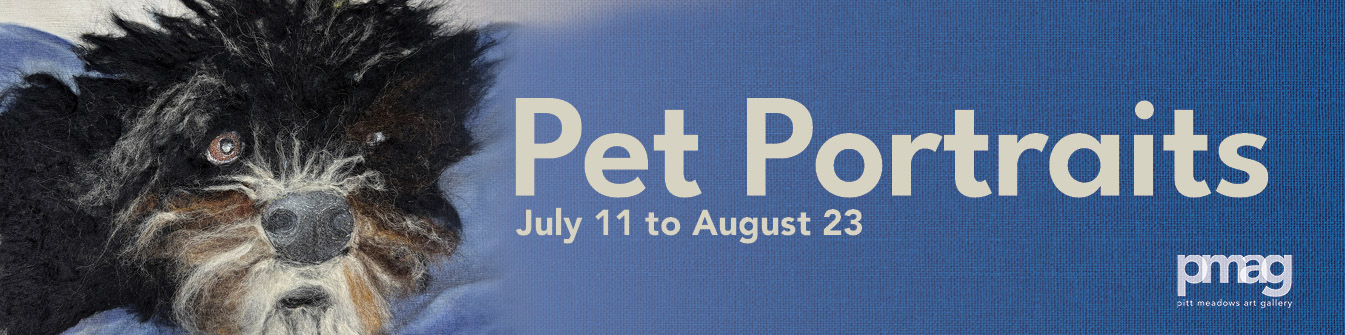 black and white dog on blanket with exhibit name Pet Portraits