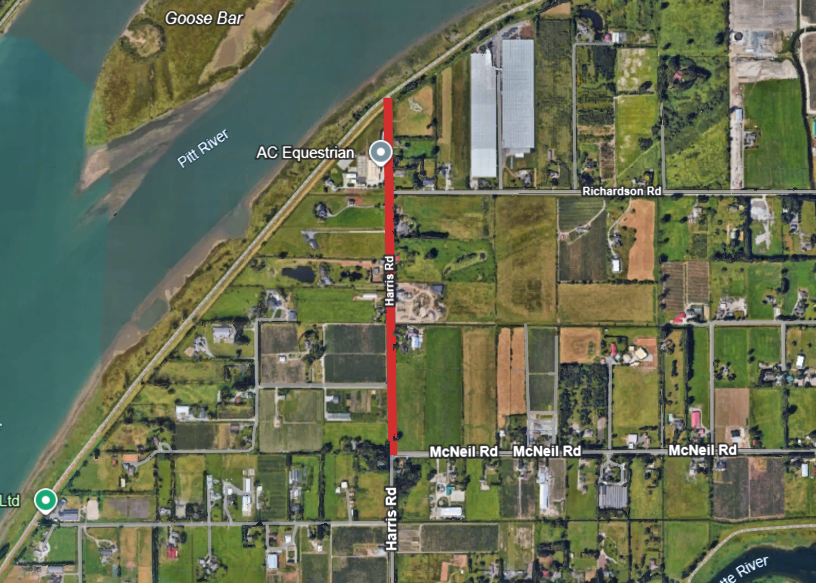 Map with a red line on Harris Road north of McNeil Road to the North dike trail entrance