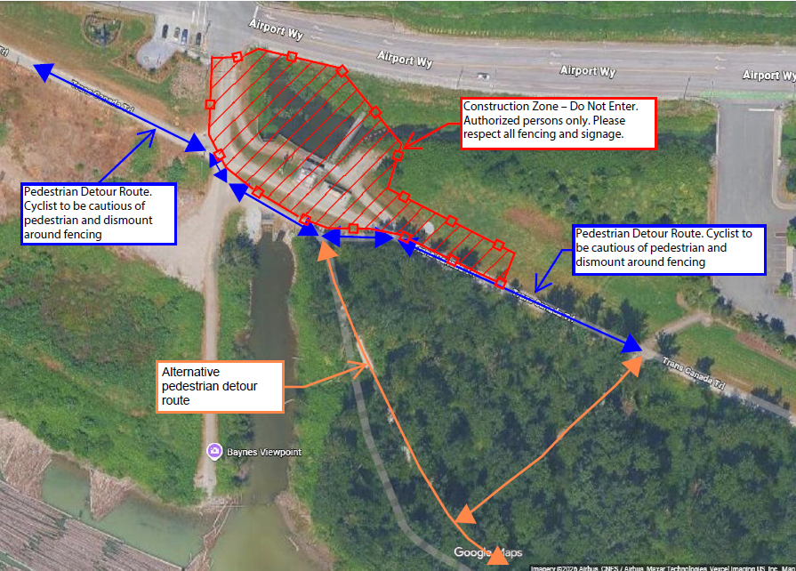 map showing that a pedestrian detour veers just off the trans canada trail beside Baynes pump station