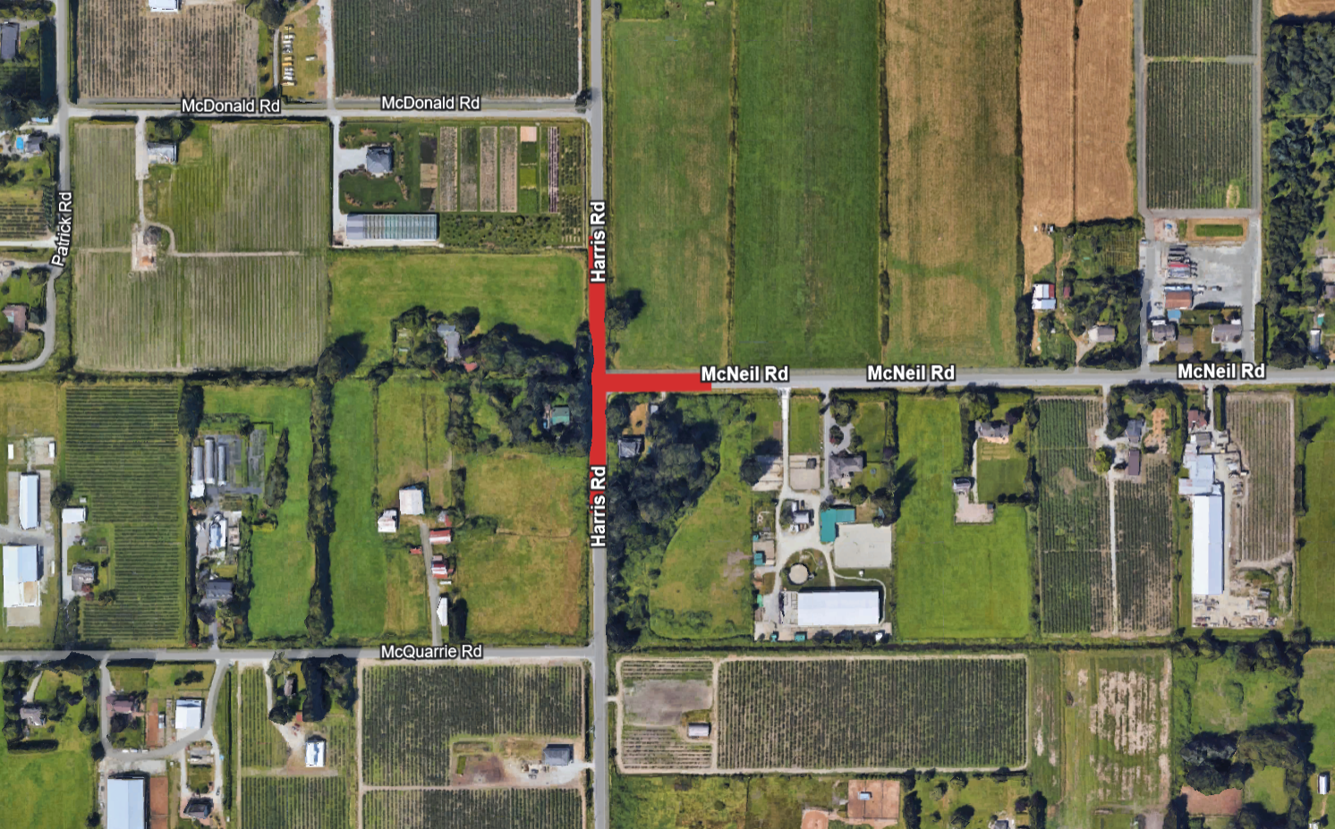 Map indicating the intersection of Harris Road and McNeil Road