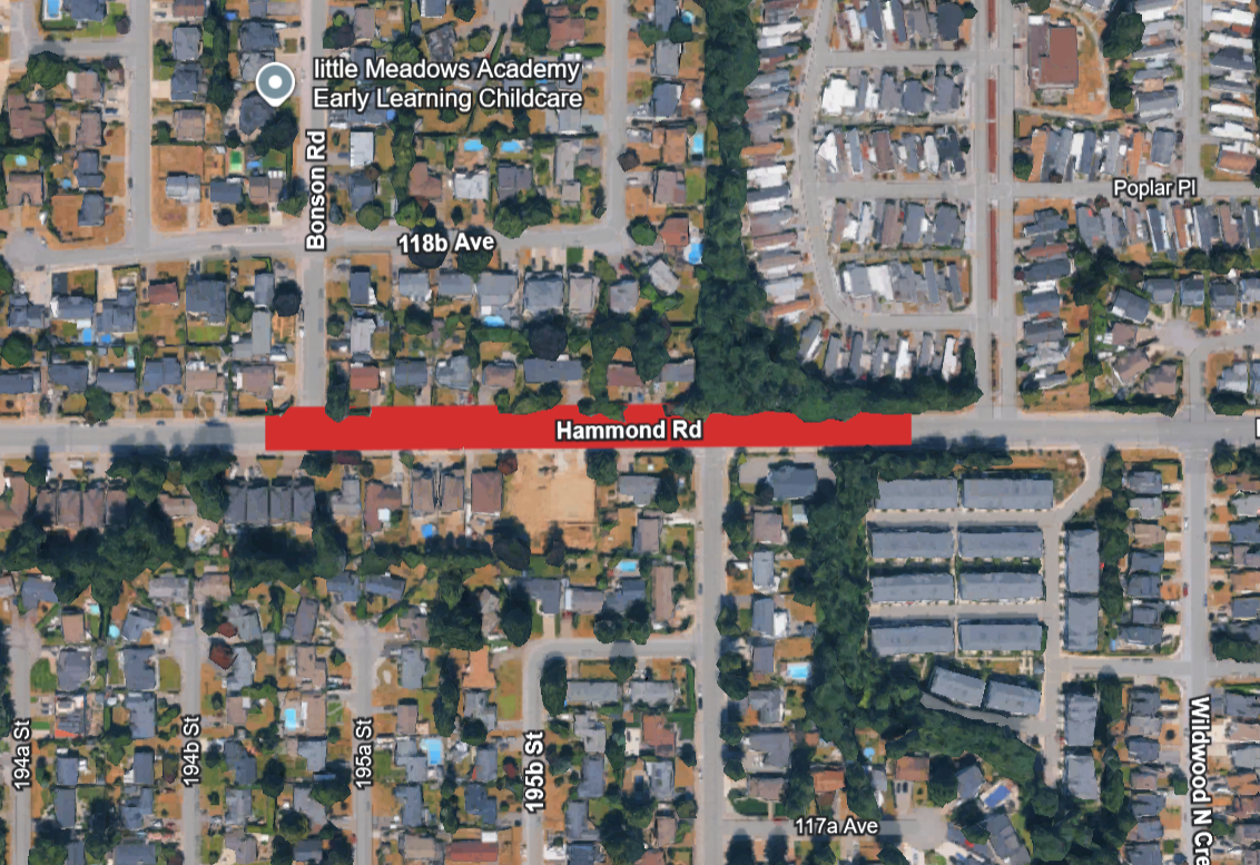 Map indicating roadway in front of 19558 Hammond Road