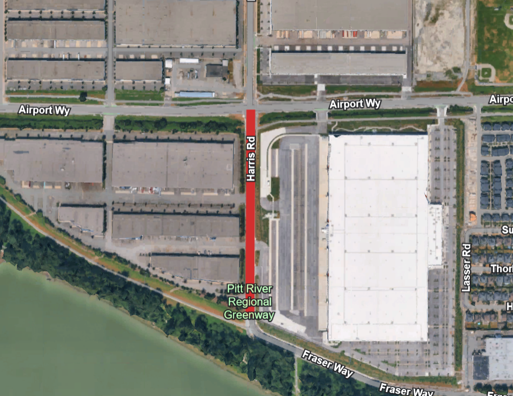 Map indicating Harris Road south of Airport Way