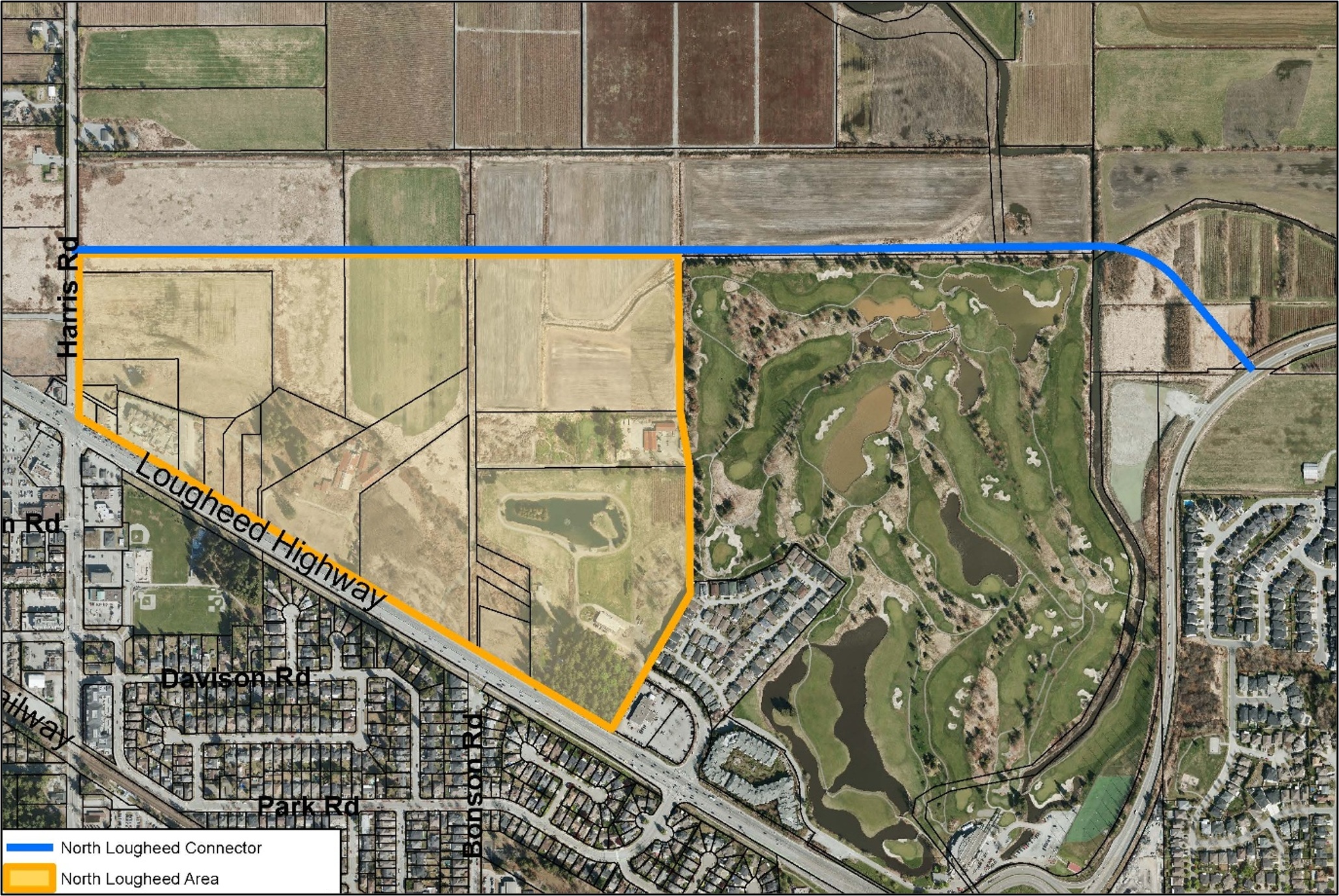 Map indicating the North Lougheed Area north of Lougheed Highway and east of Harris Road