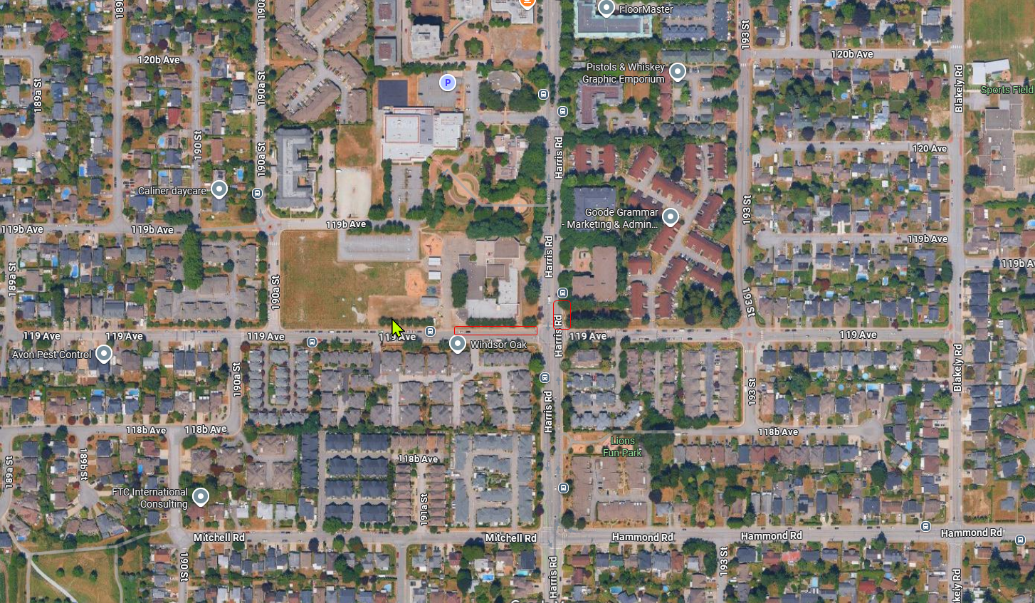 Map indicating the intersection of Harris Road and 119 Ave in Pitt Meadows