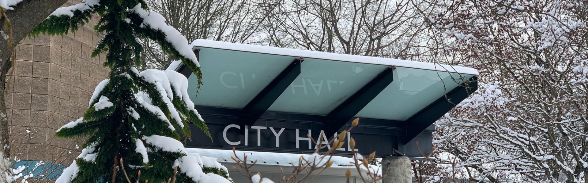 Pitt Meadows City Hall entrance in the snow