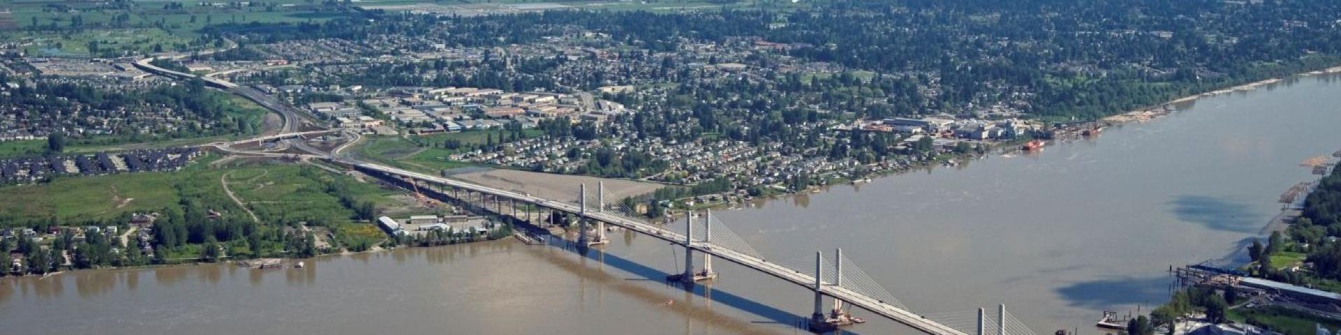 aerial view of Golden Ears Bridge entering Pitt Meadows