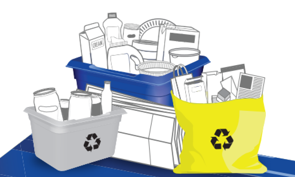 Animated recycling bins and bag