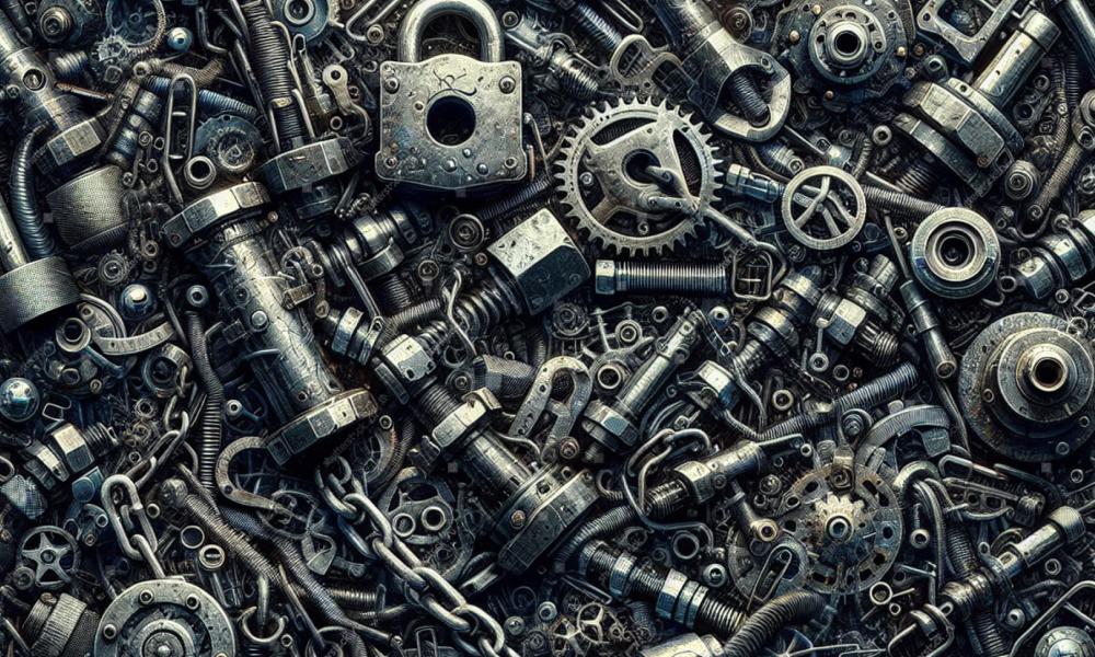 used pieces of metal bolts, screws and chains 