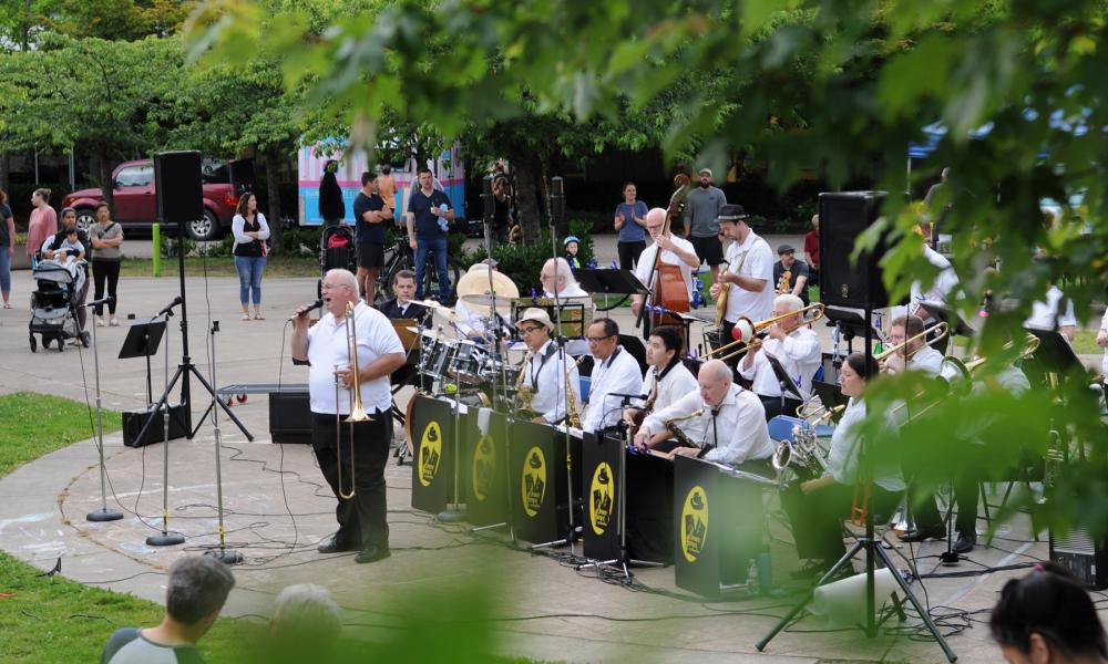 Live orchestra band performing in Spirit Square