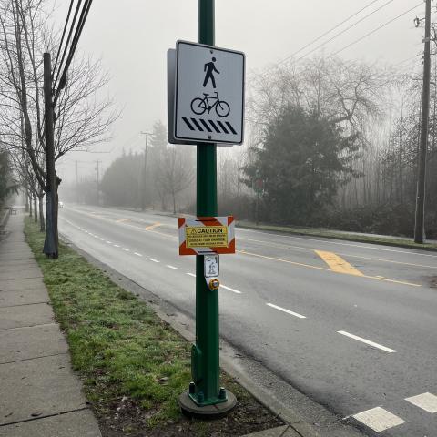 Caution sign at Hammond and wildwood pedestrian crosswalk