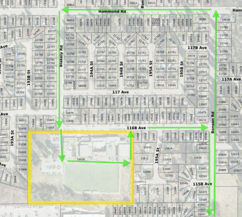 Truck route for soil hauling Pitt Meadows Secondary School Replacement Project
