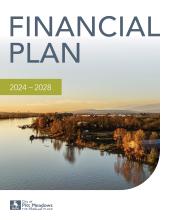 Image of Alouette River with the text "Financial Plan 2024-2028" and the City of Pitt Meadows logo
