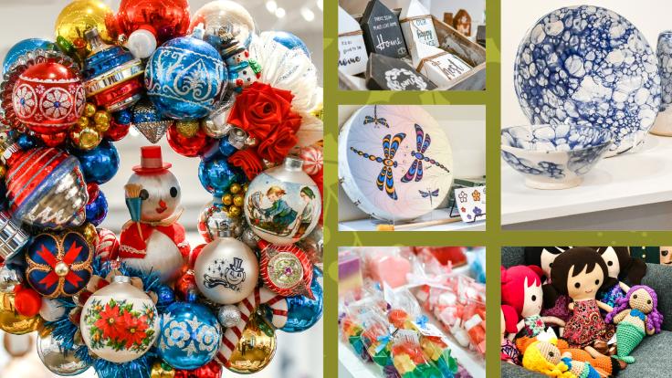 colourful Christmas gifts including a wreath made of ornaments, knitted dolls, candy, and more.
