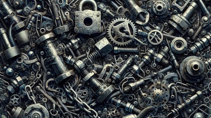 used pieces of metal bolts, screws and chains 