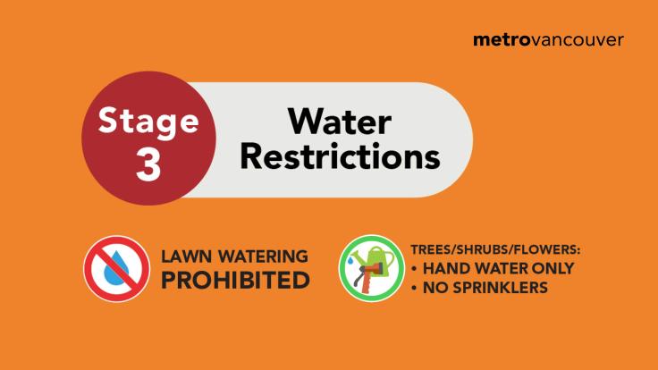 Stage 3 water restrictions. Lawn watering prohibited. Trees/shrubs/flowers hand water only, no sprinklers